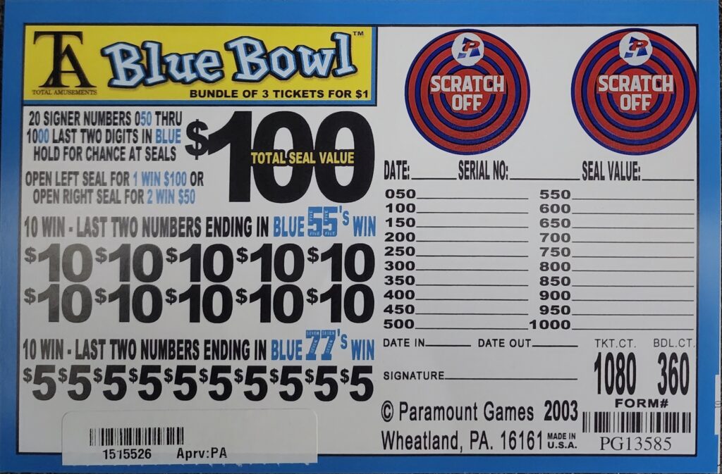 Jar Tickets - Blue Bowl - $1 per bundle - 1 $100 Top prize OR 2 $50 Top Prizes