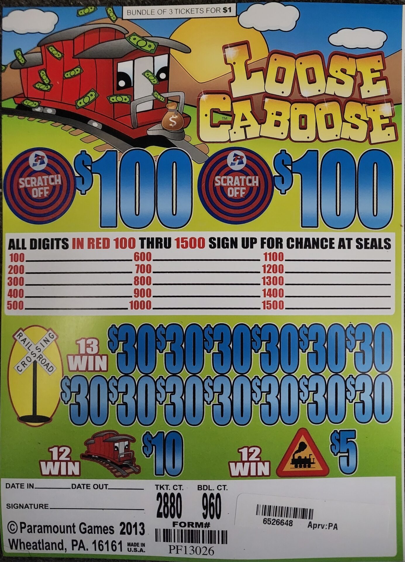 Jar Tickets - Small Game - $1 per bundle - $100 Top Prize