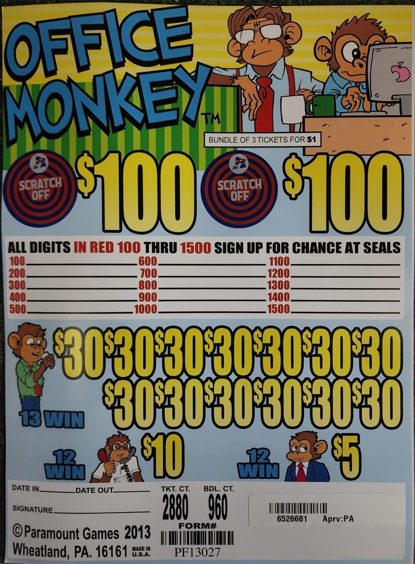 Jar Tickets - Small Game - $1 per bundle - $100 Top Prize