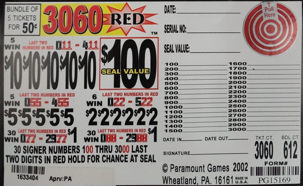 Jar Tickets - 3060 Red - $.50 per bundle - $100 Seal prize